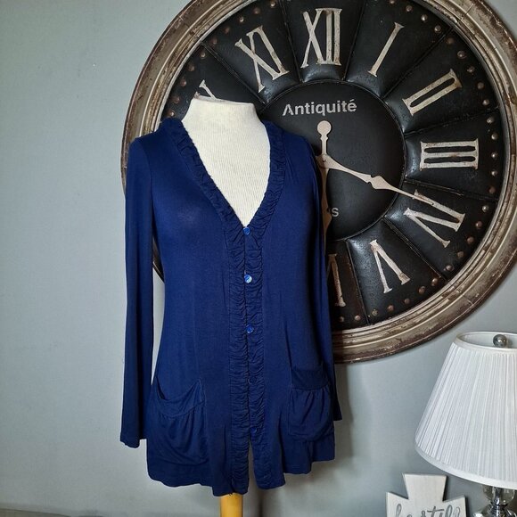 Bobeau Navy Blue Cardigan Ruched Button Down Shirt Small - Picture 2 of 6